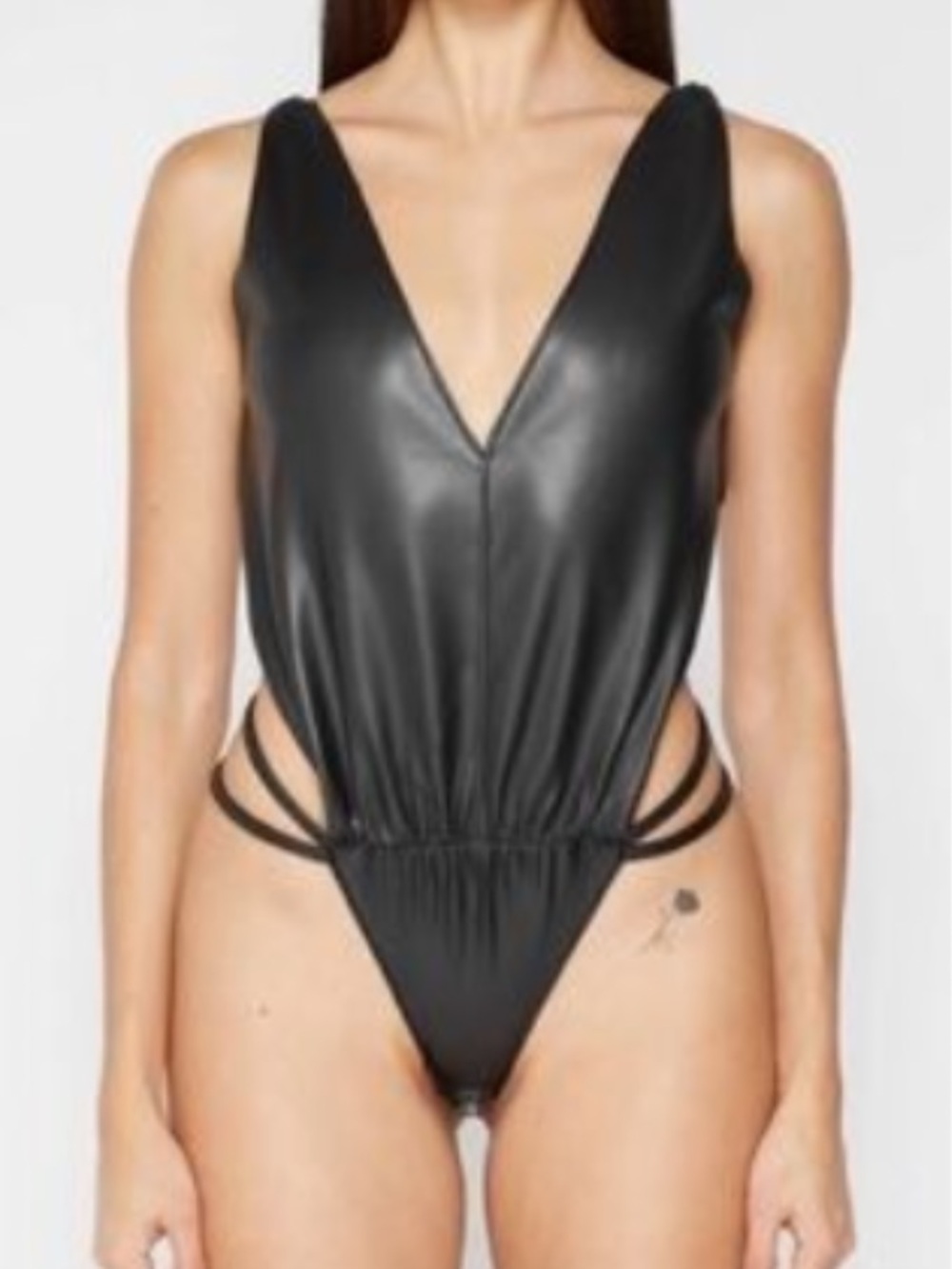 Maniere de Voir black Faux Leather Halter backless plunge bodysuit NWT